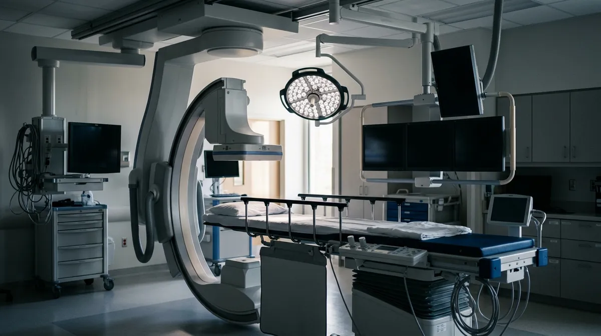 Salle de radiologie interventionnelle équipée d'un arceau