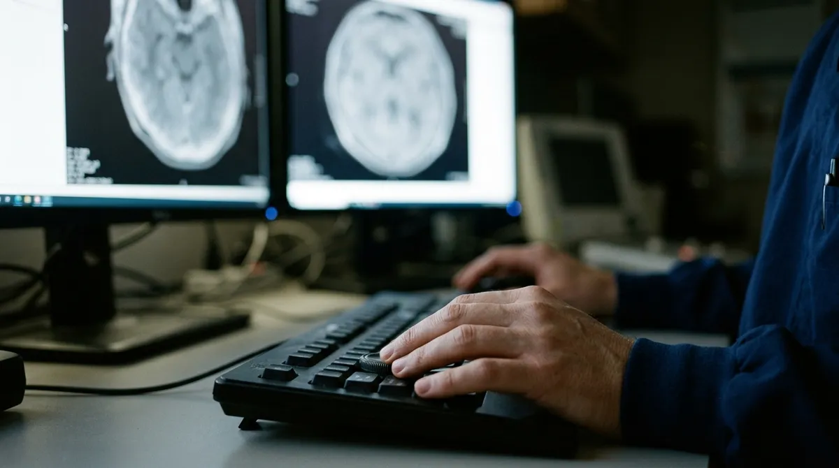 Radiologue interprétant des images sur une console de diagnostic
